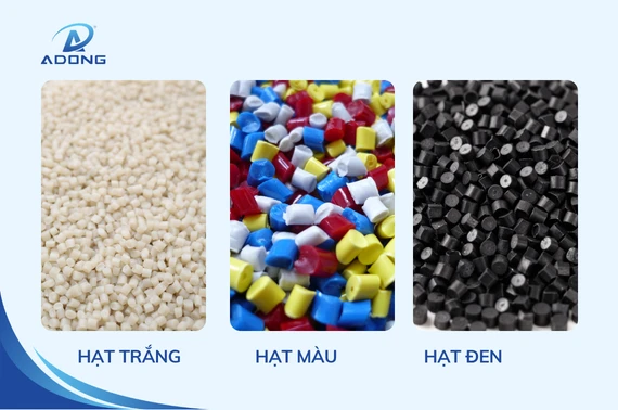 hạt nhựa tái sinh phân loại theo màu sắc gồm hạt trắng, hạt màu và hạt đen tại kho Á Đông