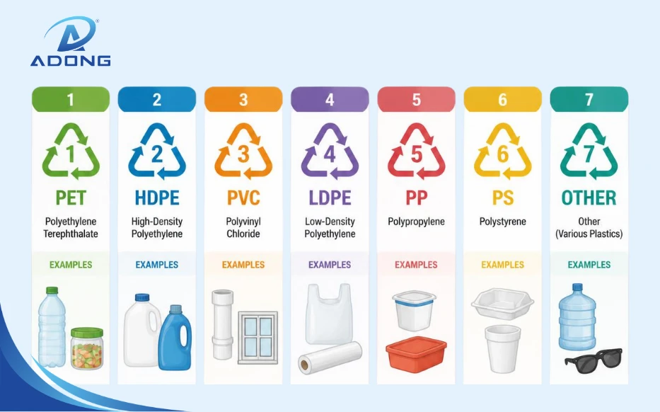 bảng 7 ký hiệu nhựa pet, hdpe, pvc, ldpe, pp, ps và other